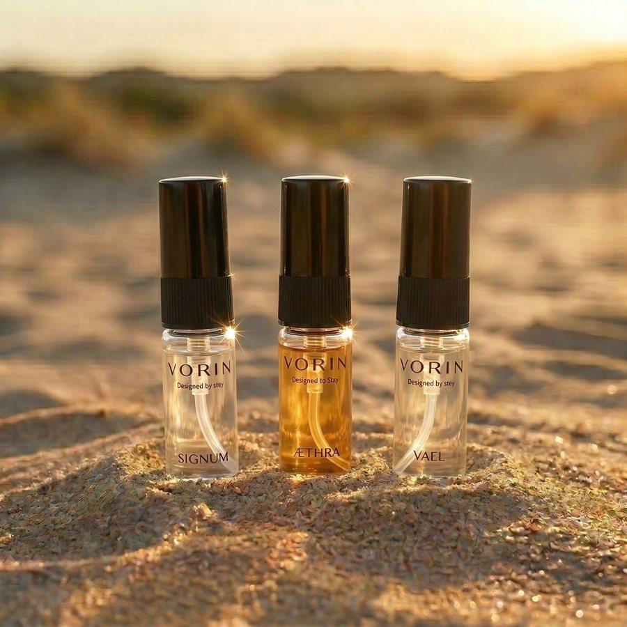 Three VORIN vials on sand at golden hour
