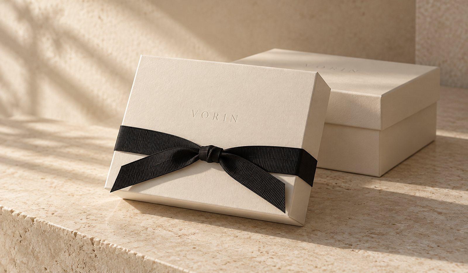 VORIN gift box with black ribbon on travertine